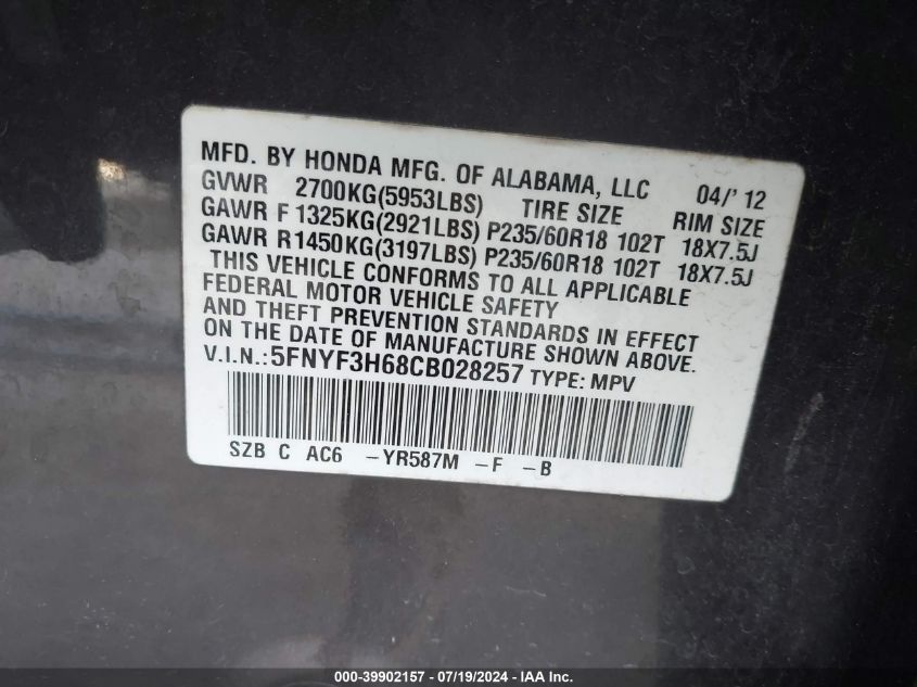 2012 Honda Pilot Exl VIN: 5FNYF3H68CB028257 Lot: 39902157