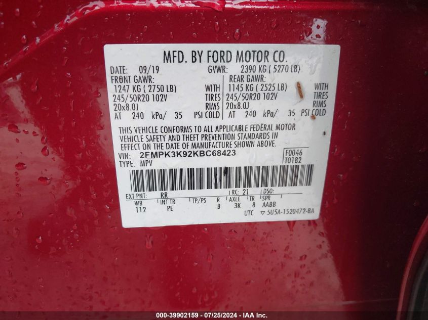 2019 Ford Edge Titanium VIN: 2FMPK3K92KBC68423 Lot: 39902159