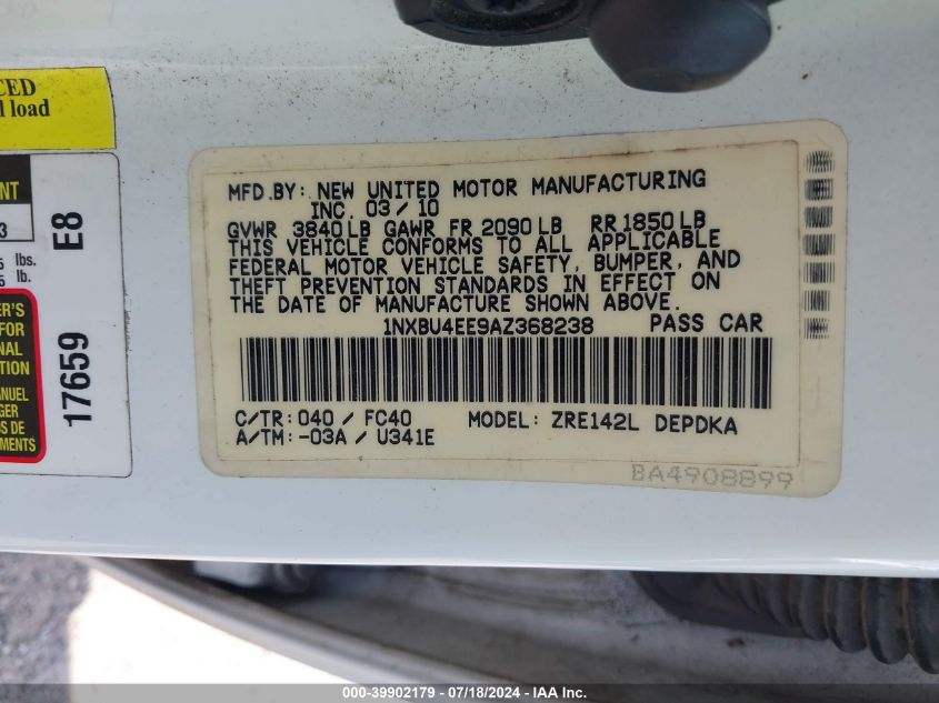 2010 Toyota Corolla S/Le/Xle VIN: 1NXBU4EE9AZ368238 Lot: 39902179