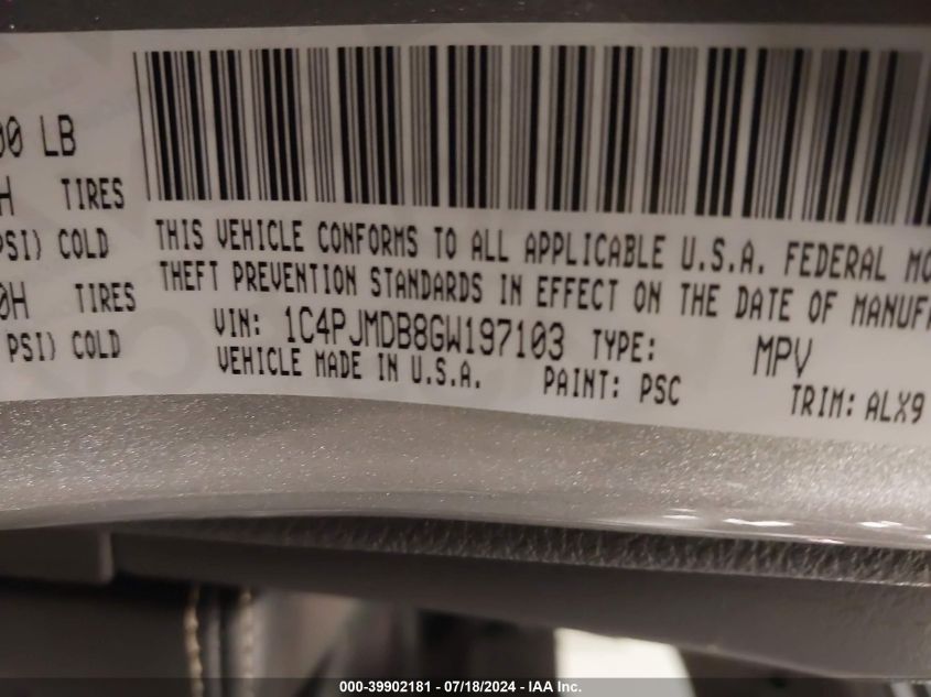 2016 Jeep Cherokee Limited VIN: 1C4PJMDB8GW197103 Lot: 39902181