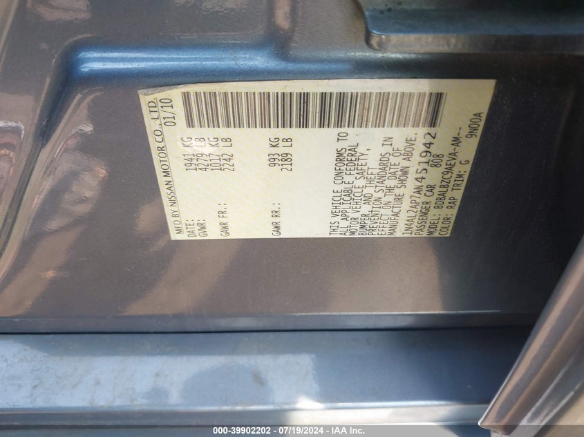 2010 Nissan Altima 2.5 VIN: 1N4AL2AP7AN451942 Lot: 39902202