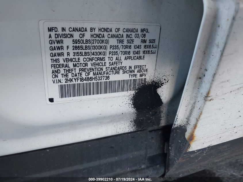 2006 Honda Pilot Ex VIN: 2HKYF18486H532736 Lot: 39902210