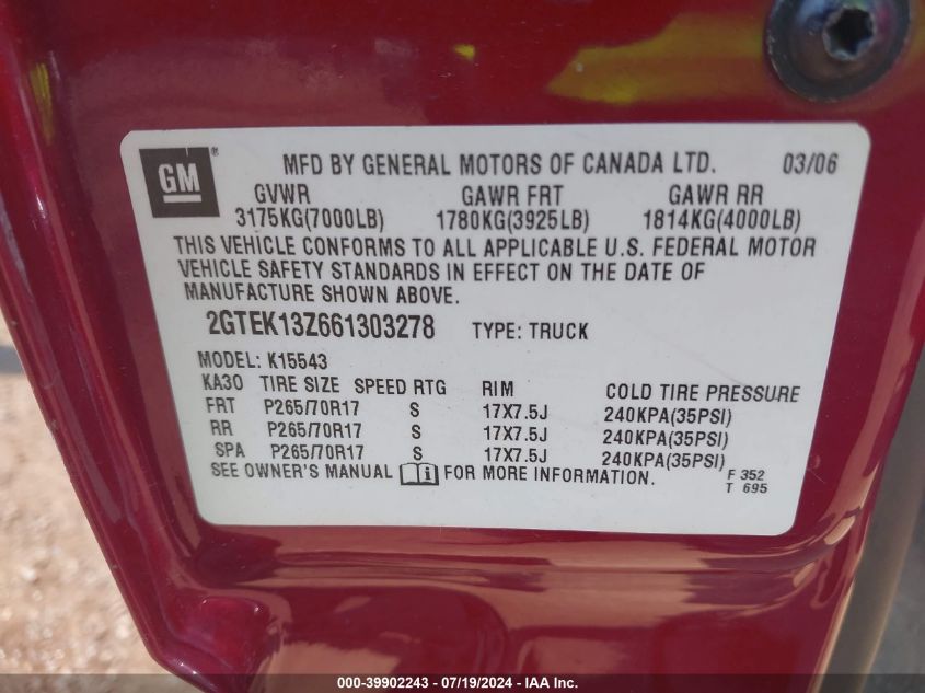 2006 GMC Sierra 1500 Sle1 VIN: 2GTEK13Z661303278 Lot: 39902243