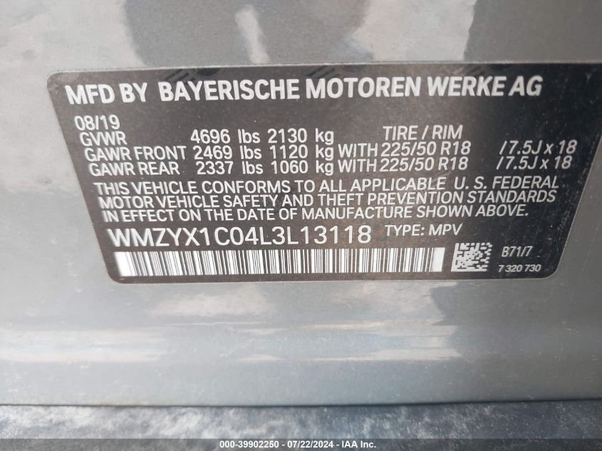 2020 Mini Countryman Cooper S VIN: WMZYX1C04L3L13118 Lot: 39902250