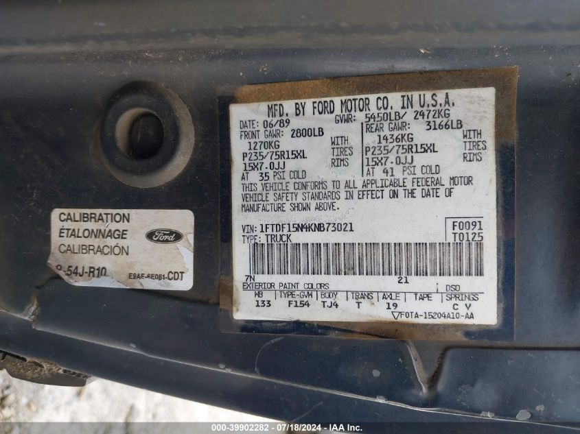 1989 Ford F150 VIN: 1FTDF15N4KNB73021 Lot: 39902282
