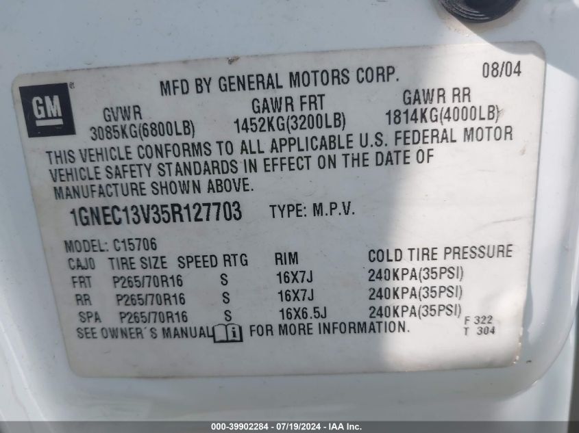 2005 Chevrolet Tahoe C1500 VIN: 1GNEC13V35R127703 Lot: 39902284