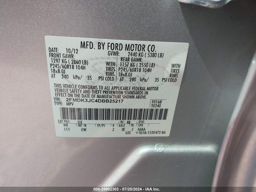 2013 Ford Edge Sel VIN: 2FMDK3JC4DBB25217 Lot: 39902303