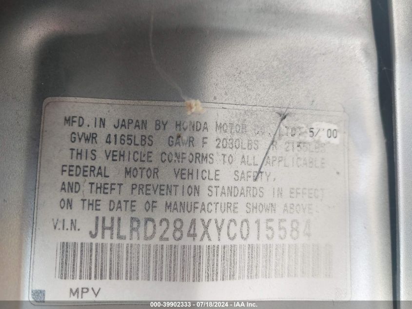 2000 Honda Cr-V Lx VIN: JHLRD284XYC015584 Lot: 39902333