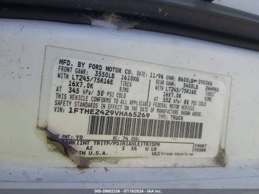 1997 Ford Econoline E250 Van VIN: 1FTHE2429VHA65269 Lot: 39902336