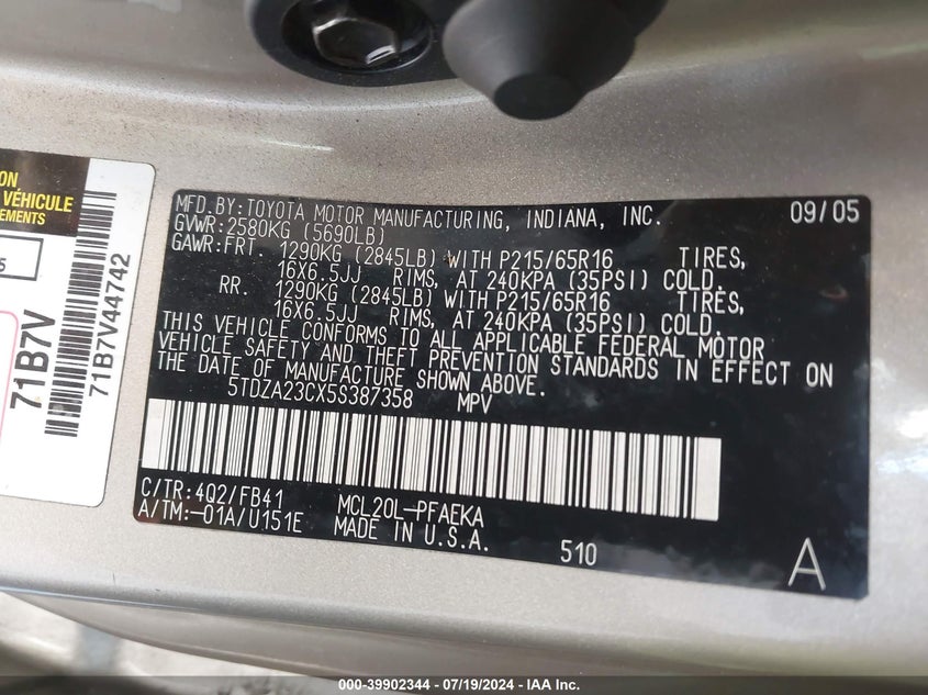 2005 Toyota Sienna Ce/Le VIN: 5TDZA23CX5S387358 Lot: 39902344
