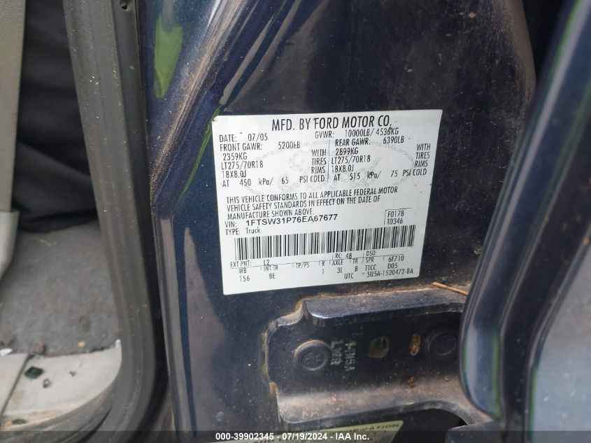 2006 Ford F-350 Lariat/Xl/Xlt VIN: 1FTSW31P76EA67677 Lot: 39902345