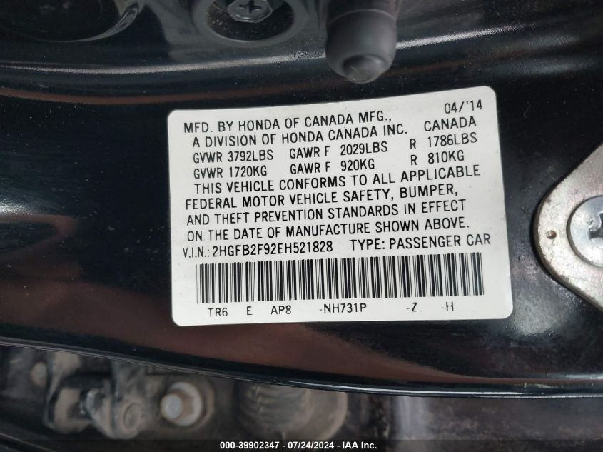 2HGFB2F92EH521828 2014 Honda Civic Ex-L