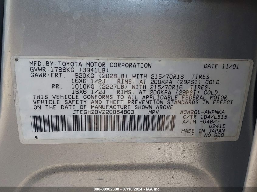 2002 Toyota Rav4 VIN: JTEGH20V220054803 Lot: 39902390