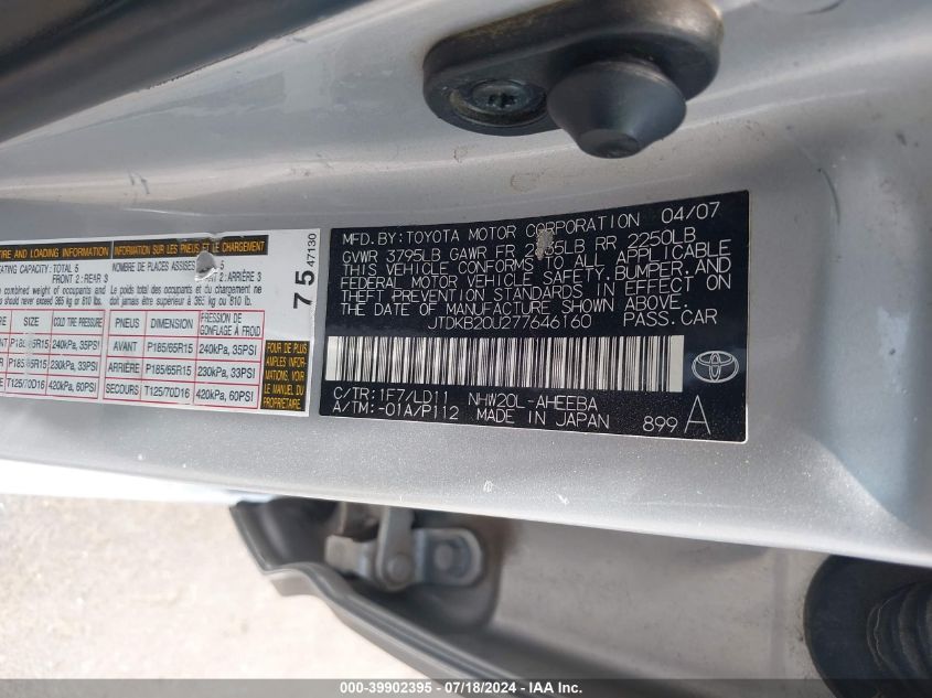 2007 Toyota Prius VIN: JTDKB20U277646160 Lot: 39902395