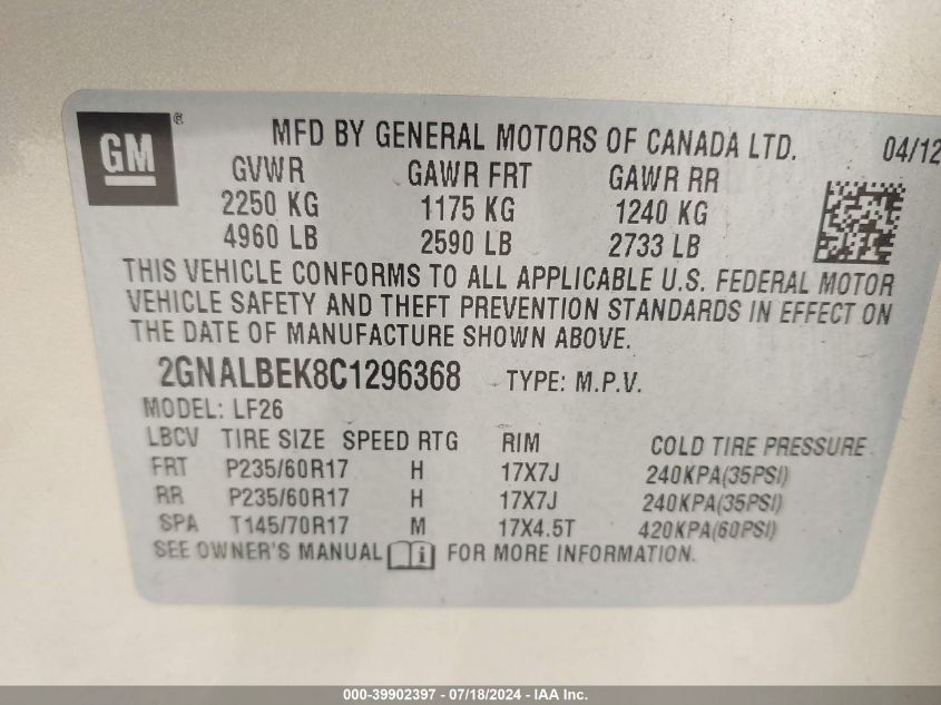 2012 Chevrolet Equinox Ls VIN: 2GNALBEK8C1296368 Lot: 39902397