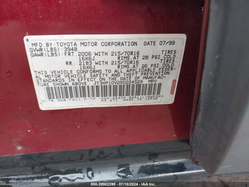 1999 Toyota Rav4 VIN: JT3HP10V2X0224529 Lot: 39902398