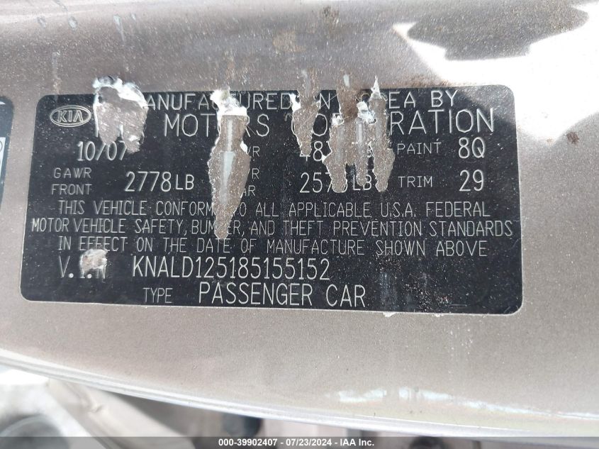 2008 Kia Amanti VIN: KNALD125185155152 Lot: 39902407