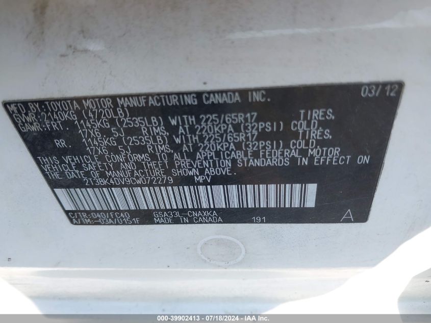 2012 Toyota Rav4 Base V6 VIN: 2T3BK4DV9CW072279 Lot: 39902413