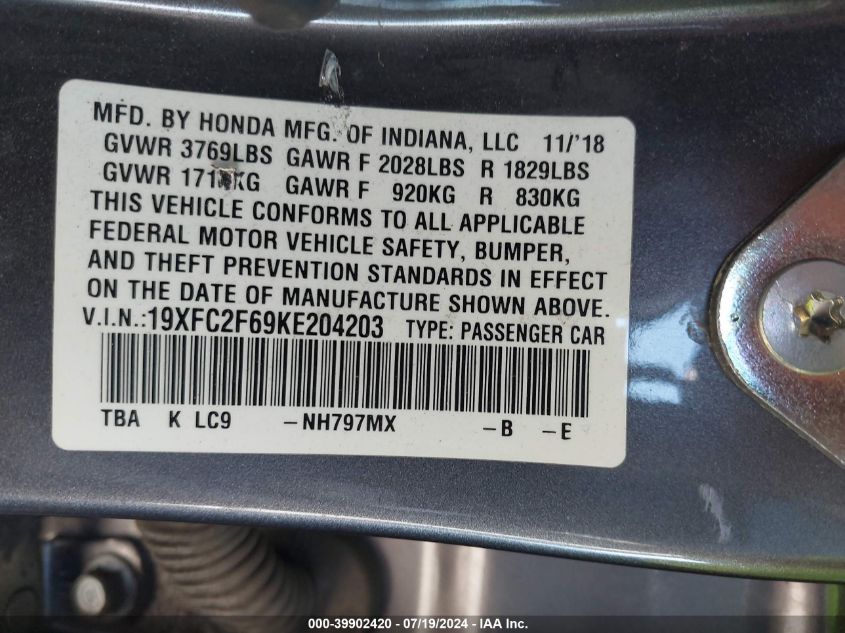 2019 Honda Civic Lx VIN: 19XFC2F69KE204203 Lot: 39902420