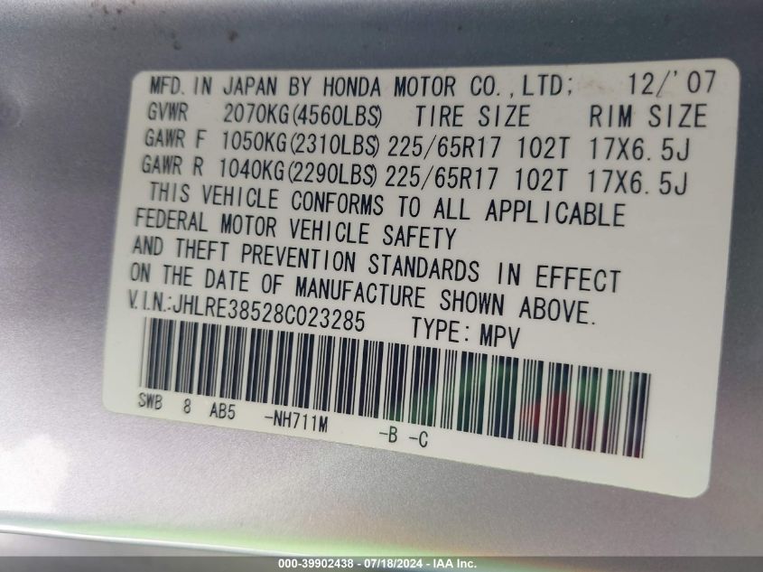 2008 Honda Cr-V Ex VIN: JHLRE38528C023285 Lot: 39902438