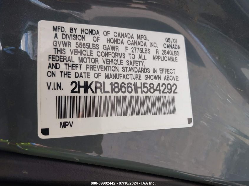 2001 Honda Odyssey Ex VIN: 2HKRL18661H584292 Lot: 39902442