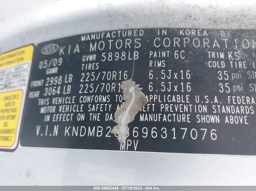 2009 Kia Sedona Ex/Lx VIN: KNDMB233696317076 Lot: 39902445