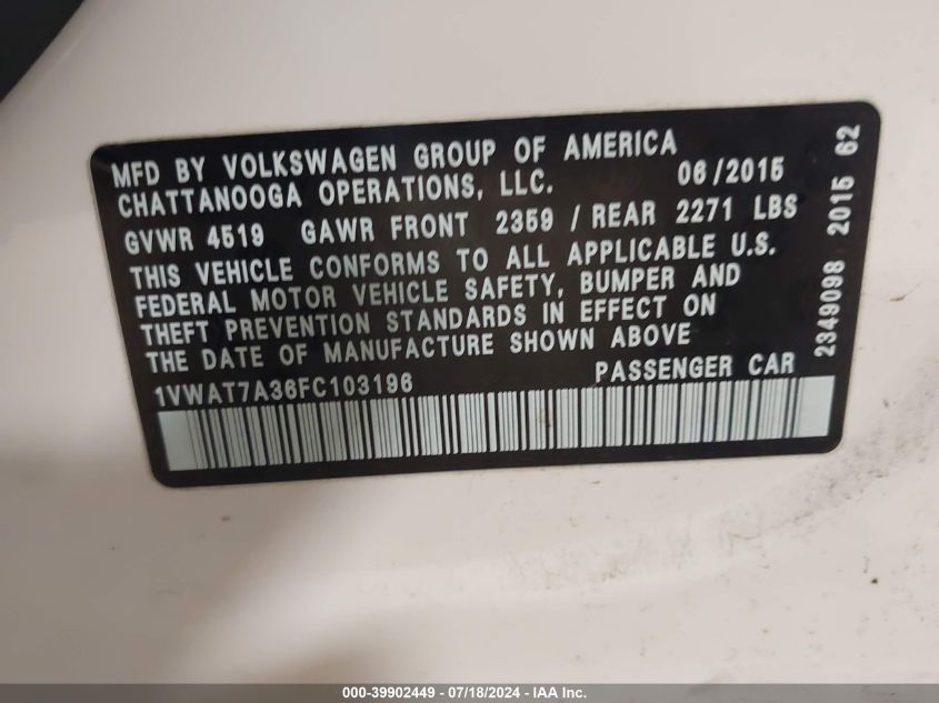 2015 Volkswagen Passat 1.8T Limited Edition VIN: 1VWAT7A36FC103196 Lot: 39902449