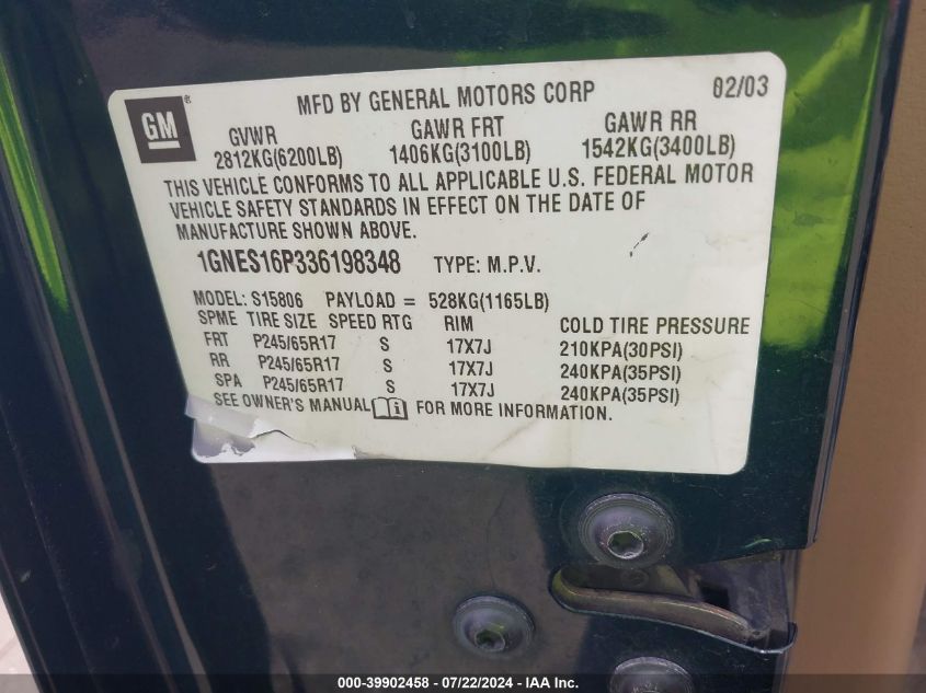 2003 Chevrolet Trailblazer Ext Lt VIN: 1GNES16P336198348 Lot: 39902458