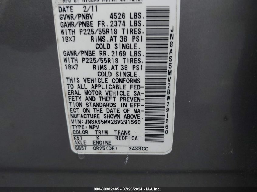 2011 Nissan Rogue Sv VIN: JN8AS5MV2BW291560 Lot: 39902485