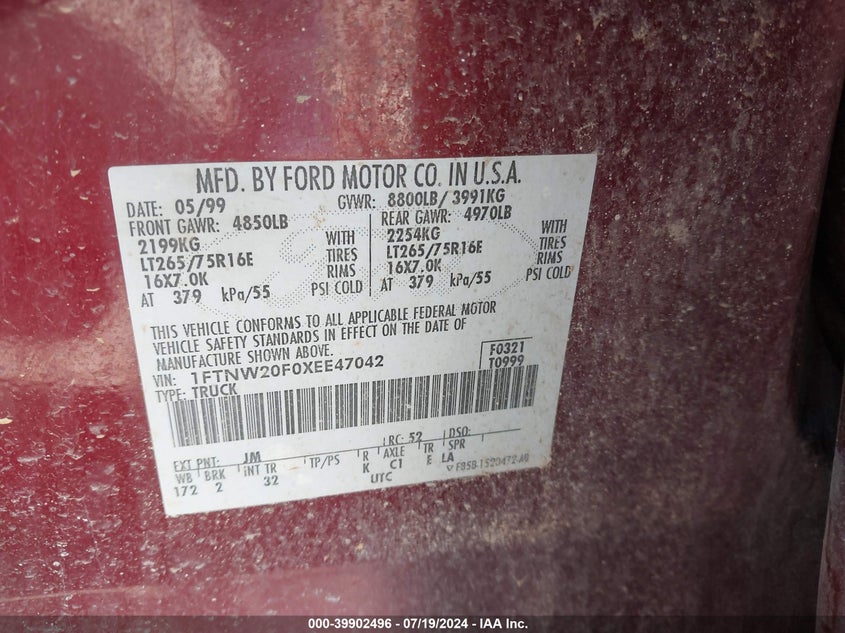1999 Ford F-250 Lariat/Xl/Xlt VIN: 1FTNW20F0XEE47042 Lot: 39902496