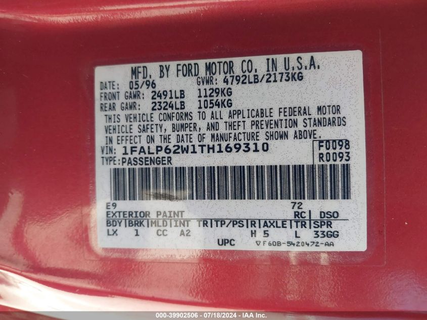 1996 Ford Thunderbird Lx VIN: 1FALP62W1TH169310 Lot: 39902506