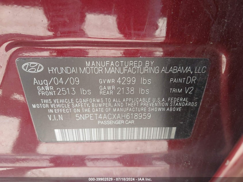 2010 Hyundai Sonata Gls VIN: 5NPET4ACXAH618959 Lot: 39902529