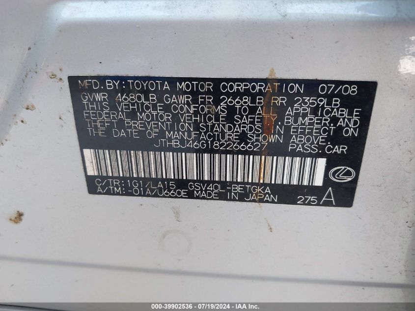 2008 Lexus Es 350 VIN: JTHBJ46G182266627 Lot: 39902536