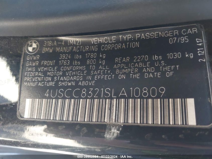 1995 BMW 318 I Automatic VIN: 4USCC8321SLA10809 Lot: 39902564