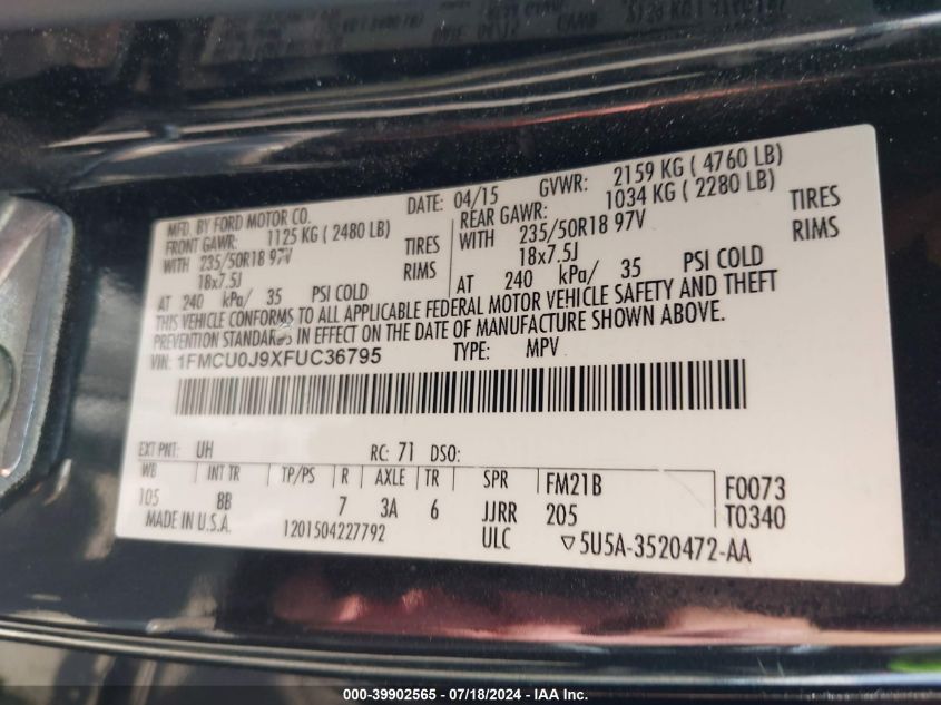 2015 Ford Escape Titanium VIN: 1FMCU0J9XFUC36795 Lot: 39902565