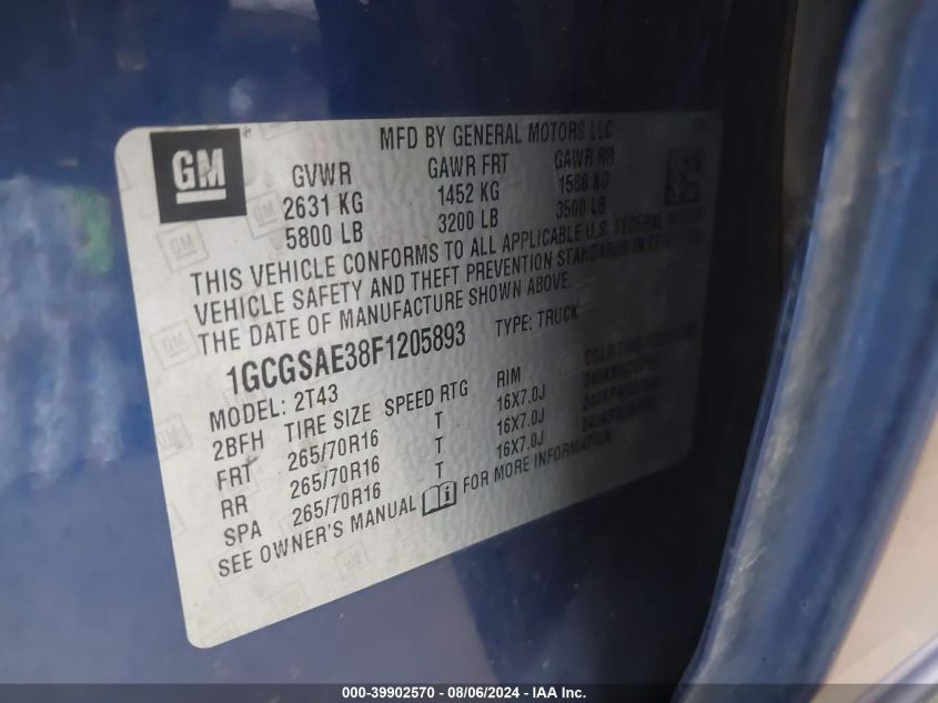 2015 Chevrolet Colorado Wt VIN: 1GCGSAE38F1205893 Lot: 39902570
