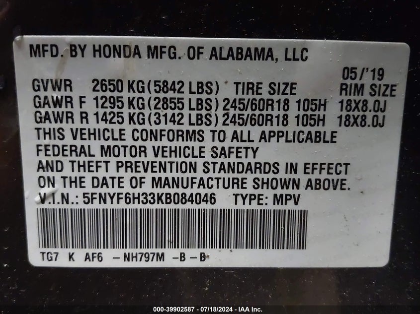 VIN 5FNYF6H33KB084046 2019 HONDA PILOT EX