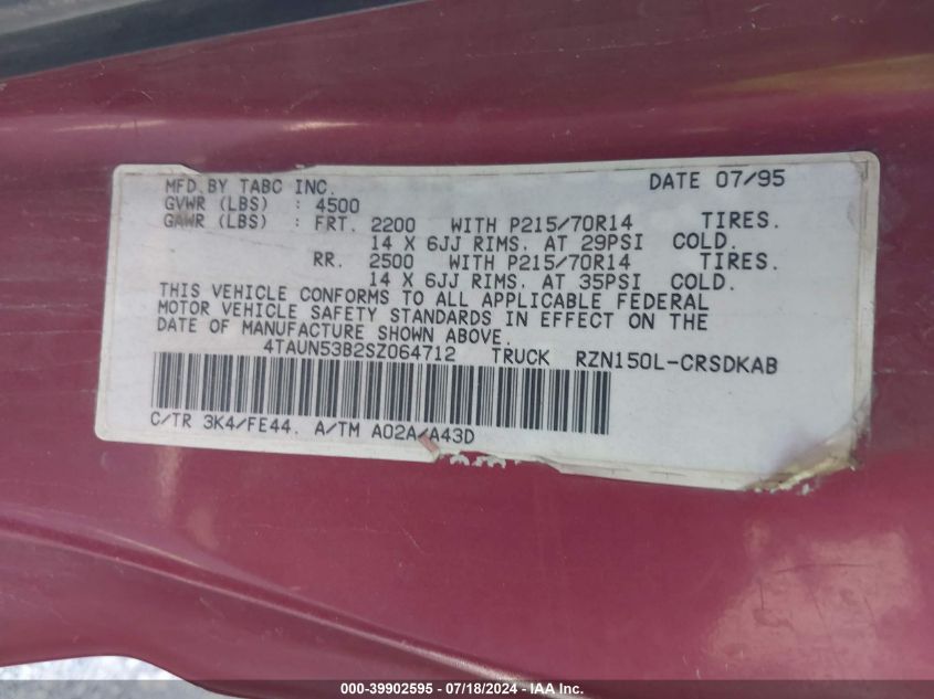 1995 Toyota Tacoma Xtracab VIN: 4TAUN53B2SZ064712 Lot: 39902595