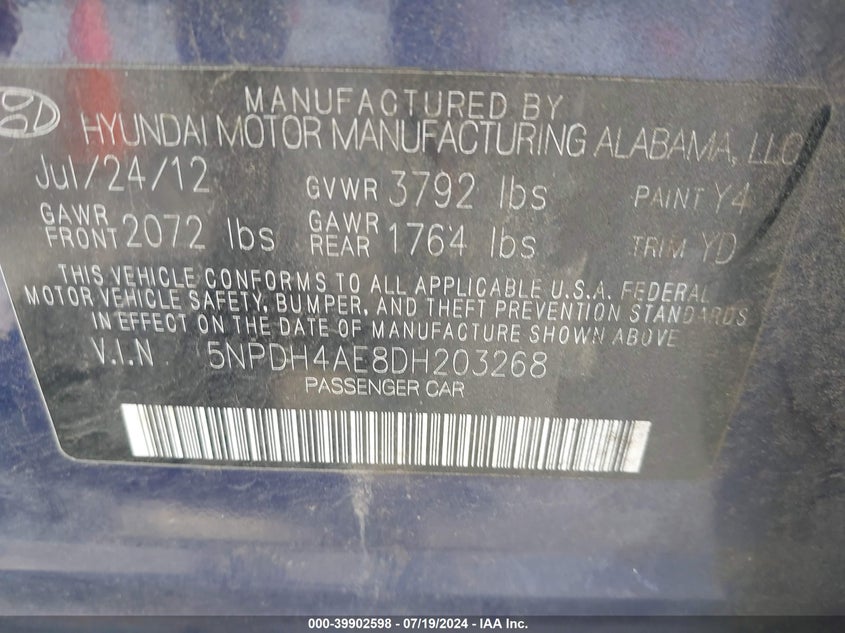 2013 Hyundai Elantra Gls VIN: 5NPDH4AE8DH203268 Lot: 39902598