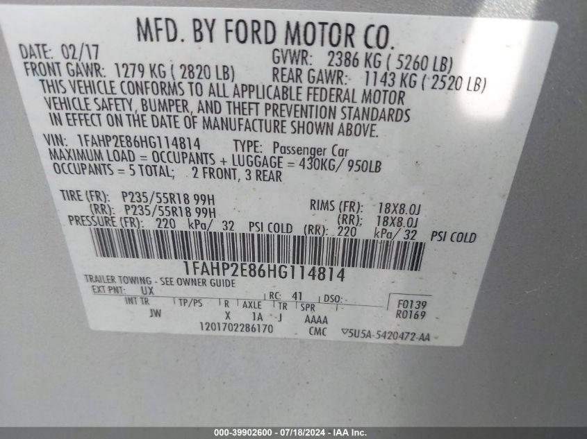 1FAHP2E86HG114814 2017 Ford Taurus Sel