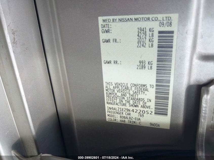2009 Nissan Altima 2.5 S VIN: 1N4AL21E29N422052 Lot: 39902601