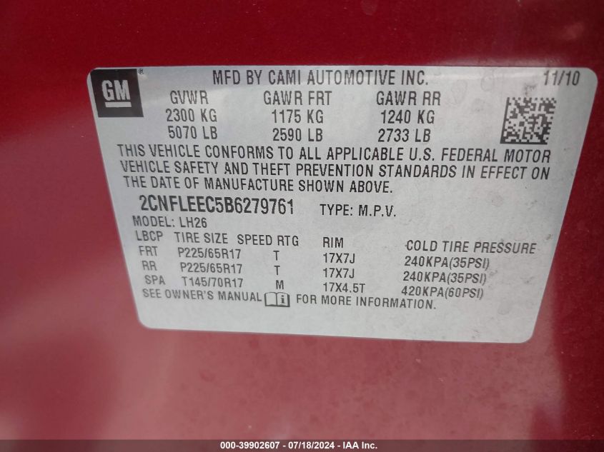 2011 Chevrolet Equinox 1Lt VIN: 2CNFLEEC5B6279761 Lot: 39902607