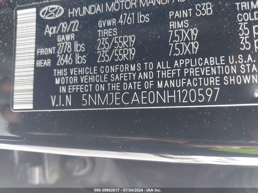 2022 Hyundai Tucson Limited VIN: 5NMJECAE0NH120597 Lot: 39902617