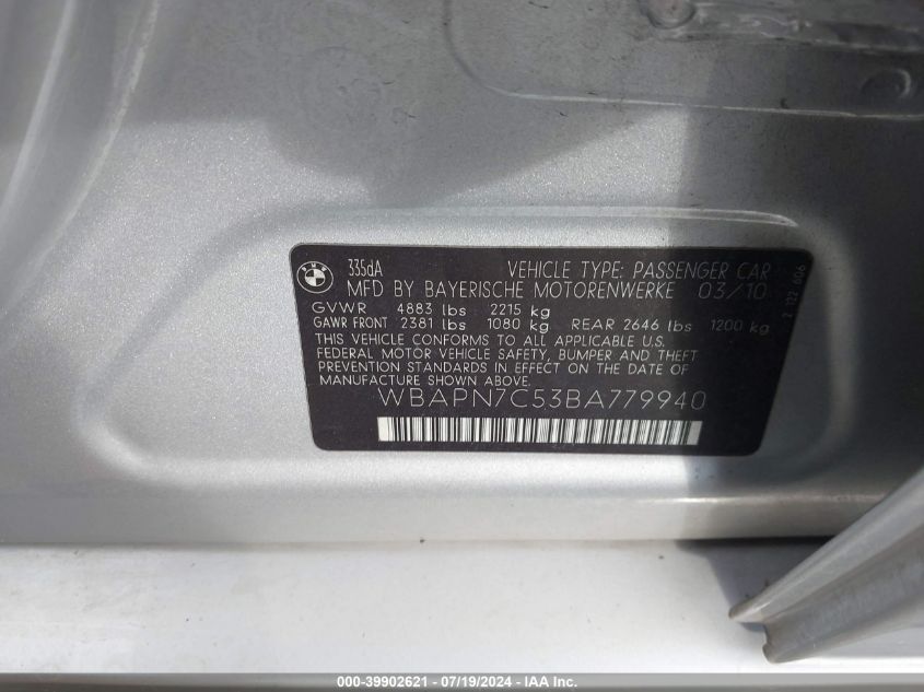 2011 BMW 335D D VIN: WBAPN7C53BA779940 Lot: 39902621