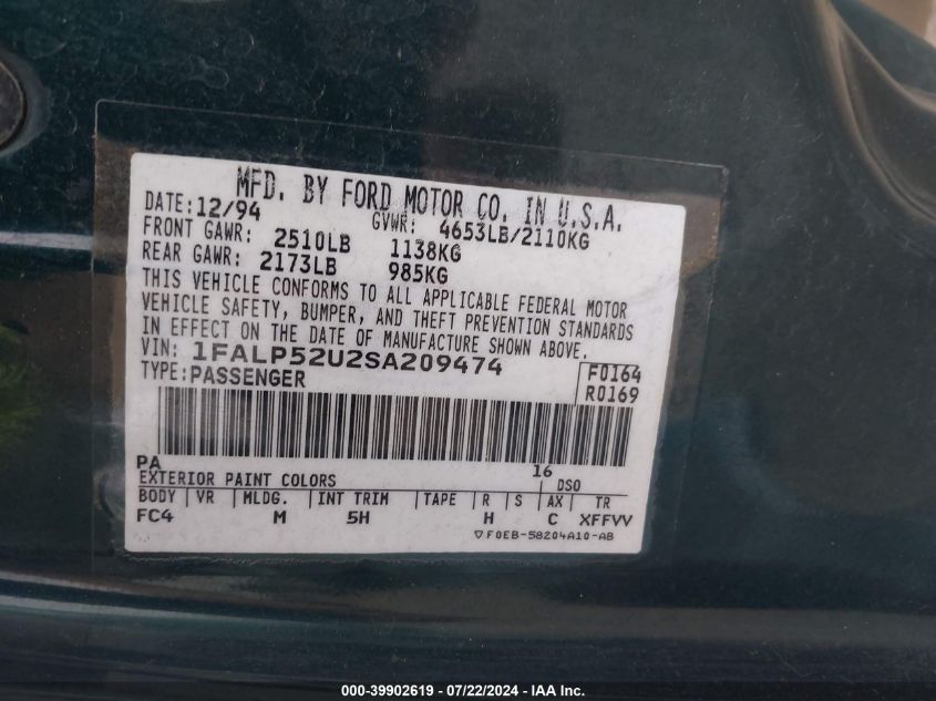 1995 Ford Taurus Gl/Se VIN: 1FALP52U2SA209474 Lot: 39902619