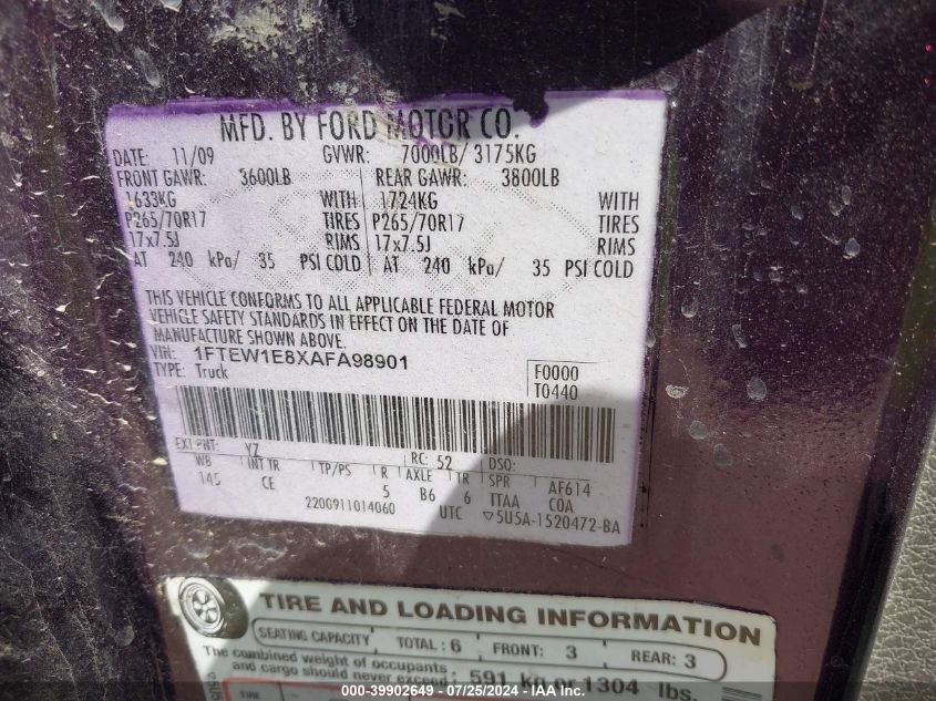 2010 Ford F-150 Xl/Xlt VIN: 1FTEW1E8XAFA98901 Lot: 39902649