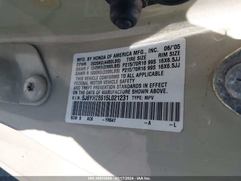 2005 Honda Element Ex VIN: 5J6YH28615L021231 Lot: 39902654