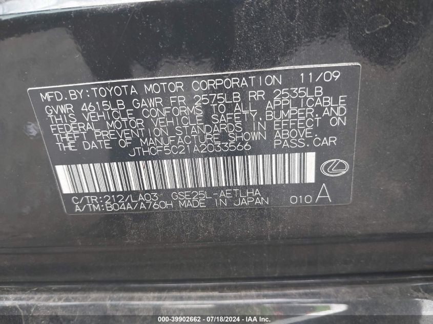 2010 Lexus Is 250 VIN: JTHCF5C21A2033566 Lot: 39902662