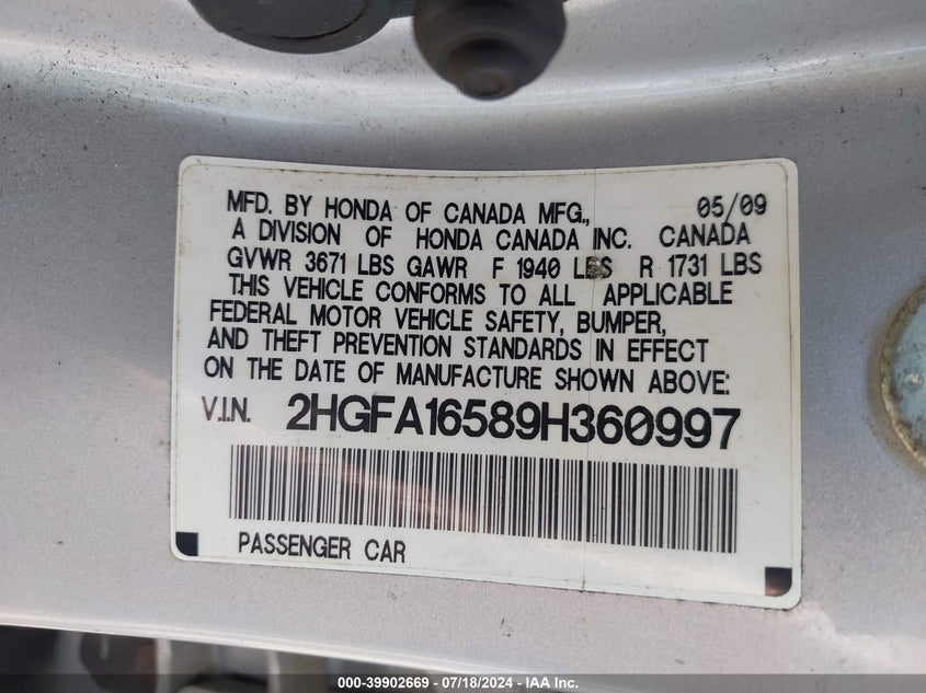 2009 Honda Civic Lx VIN: 2HGFA16589H360997 Lot: 39902669