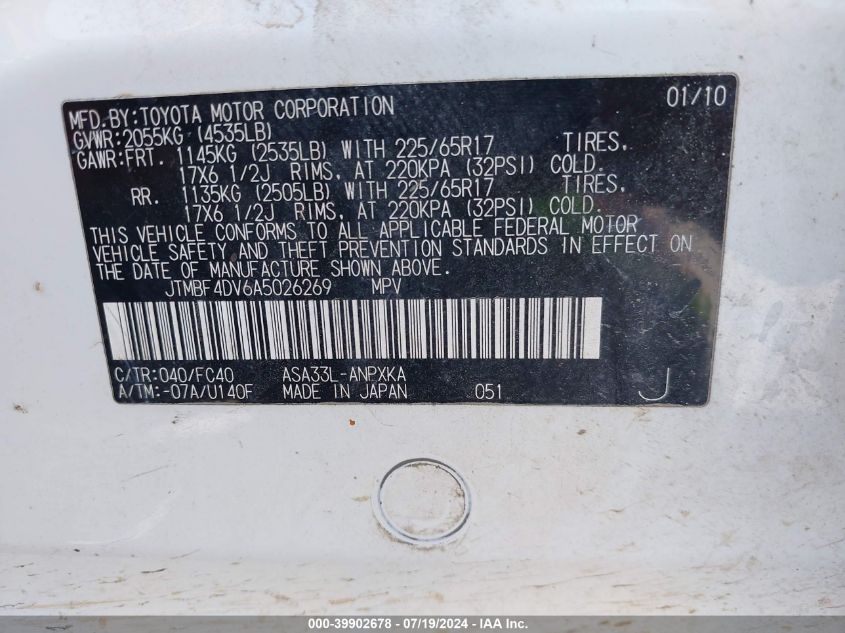 2010 Toyota Rav4 VIN: JTMBF4DV6A5026269 Lot: 39902678